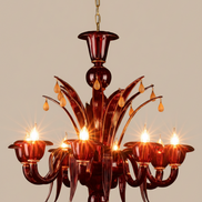 Ruby Red and Gold Murano Glass Chandelier|– sinuous arms, glass cups, drop pendants