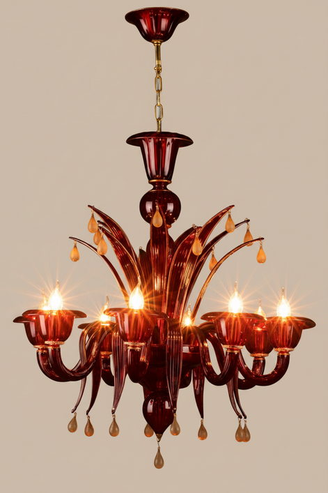 Ruby Red and Gold Murano Glass Chandelier|– sinuous arms, glass cups, drop pendants