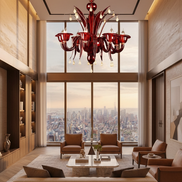 Ruby Red and Gold Murano Glass Chandelier|– sinuous arms, glass cups, drop pendants