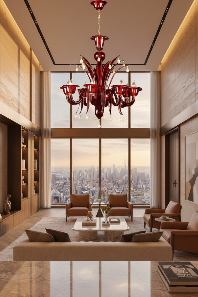 Ruby Red and Gold Murano Glass Chandelier|– sinuous arms, glass cups, drop pendants