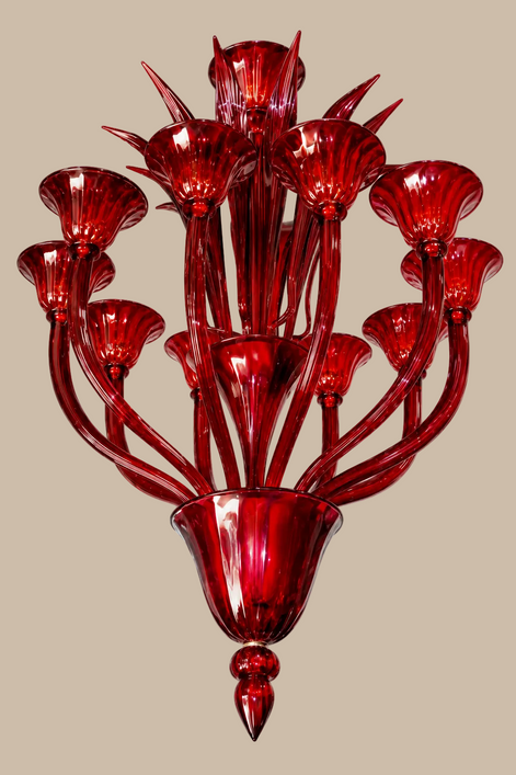Ruby Red Murano Glass Chandelier | floral arms, chalice lamp holders, pendant drop
