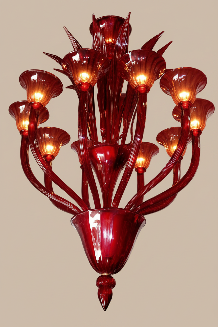 Ruby Red Murano Glass Chandelier | floral arms, chalice lamp holders, pendant drop