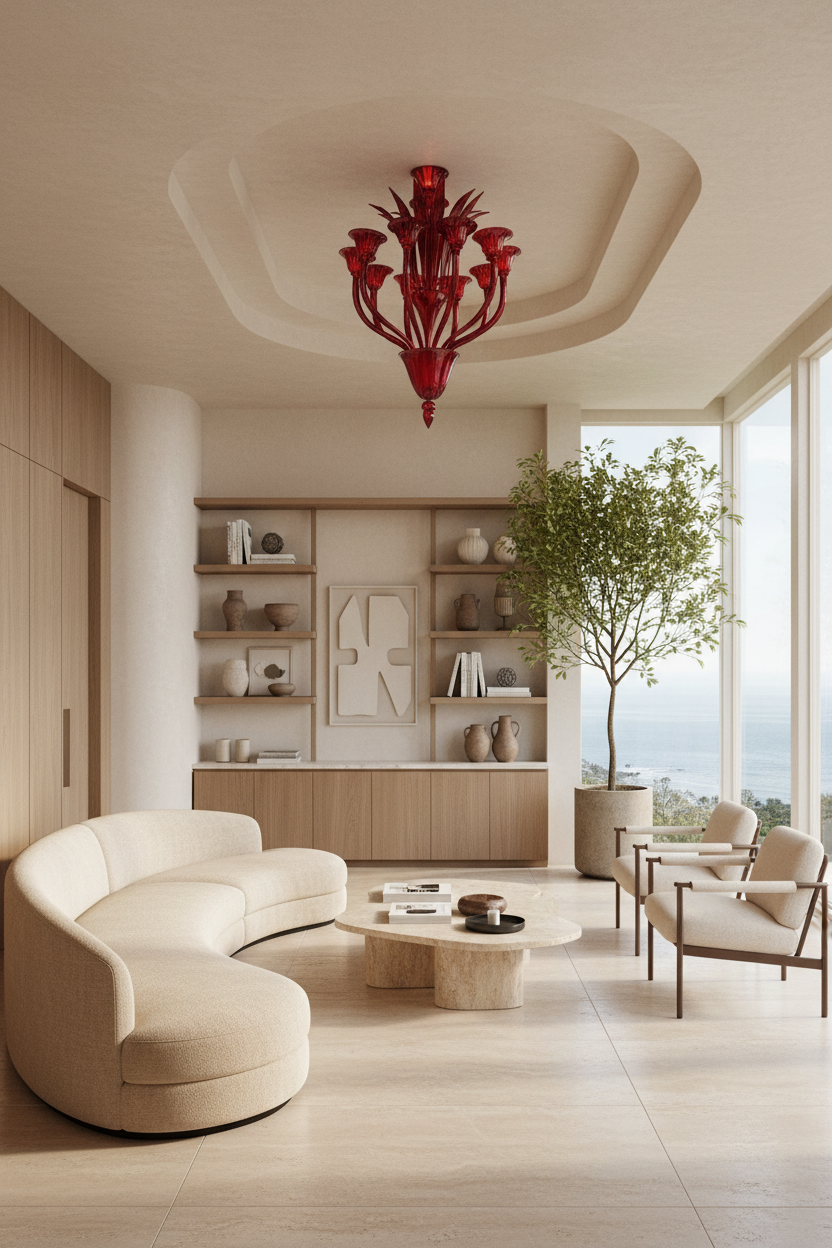 Ruby Red Murano Glass Chandelier | floral arms, chalice lamp holders, pendant drop