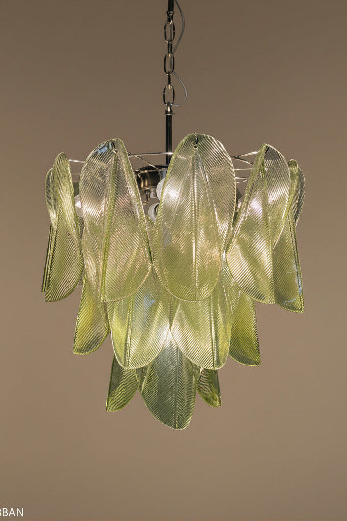 Lampadario italiano di Murano Mazzega | 23 pendenti in vetro verde Rondini