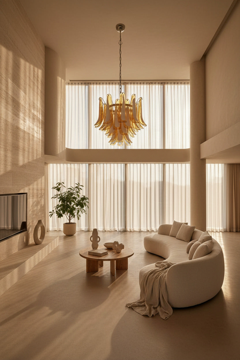 Lampadario in Vetro di Murano Ambra e Lattimo | 36 petali soffiati a mano, vintage anni '70, struttura in nichel