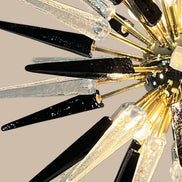 Lampadario Sputnik in Vetro di Murano Soffiato a Mano, 51 Punte Trasparenti e Nere, Struttura in Ottone