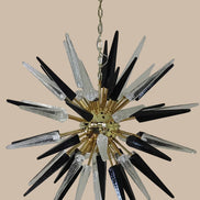 Lampadario Sputnik in Vetro di Murano Soffiato a Mano, 51 Punte Trasparenti e Nere, Struttura in Ottone