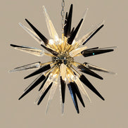 Lampadario Sputnik in Vetro di Murano Soffiato a Mano, 51 Punte Trasparenti e Nere, Struttura in Ottone