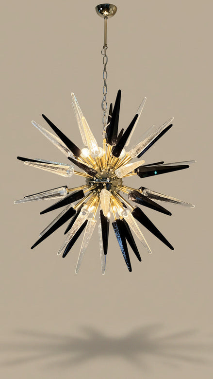 Hand-Blown Murano Glass Sputnik Chandelier, 51 Clear and Black Tips, Brass Frame
