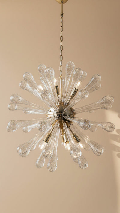 Lampadario Sputnik in Vetro di Murano, 50 Elementi Pulegoso, Struttura Dorata
