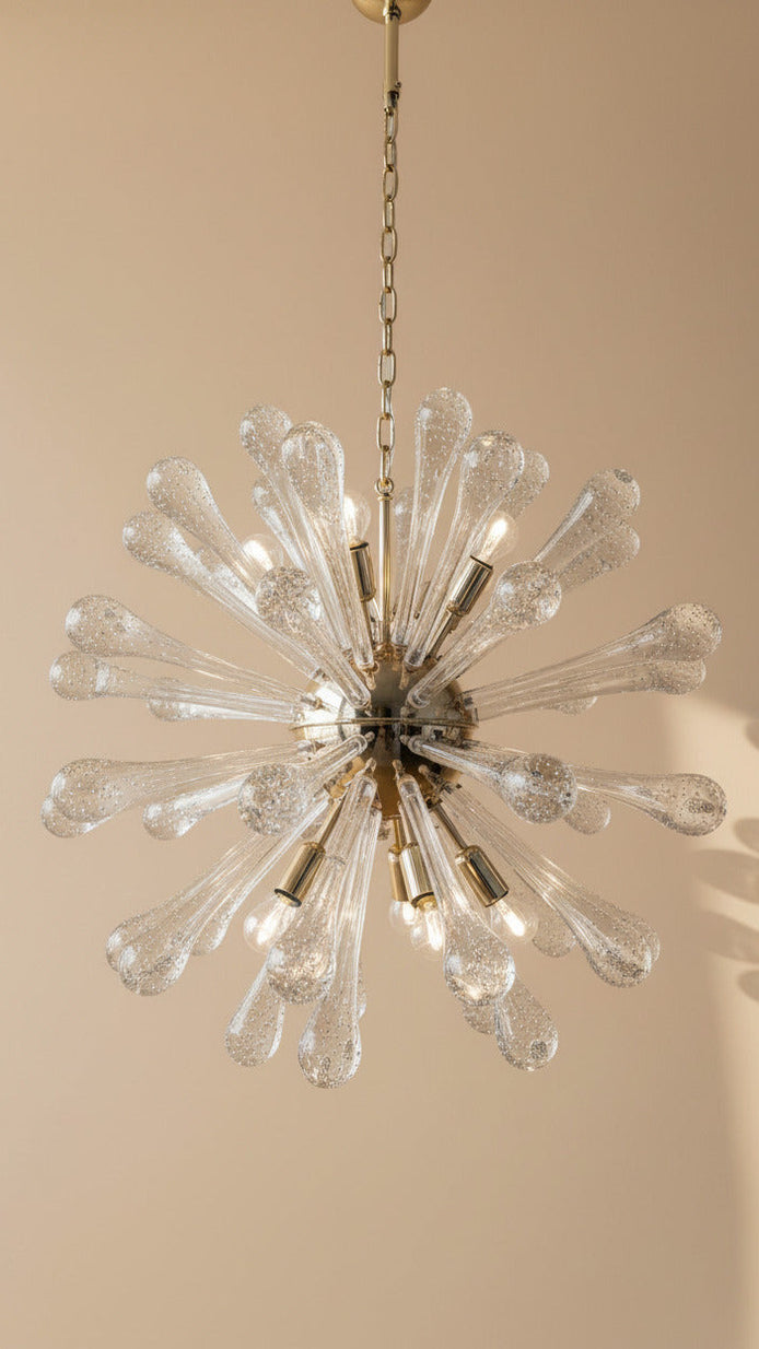 Lampadario Sputnik in Vetro di Murano, 50 Elementi Pulegoso, Struttura Dorata