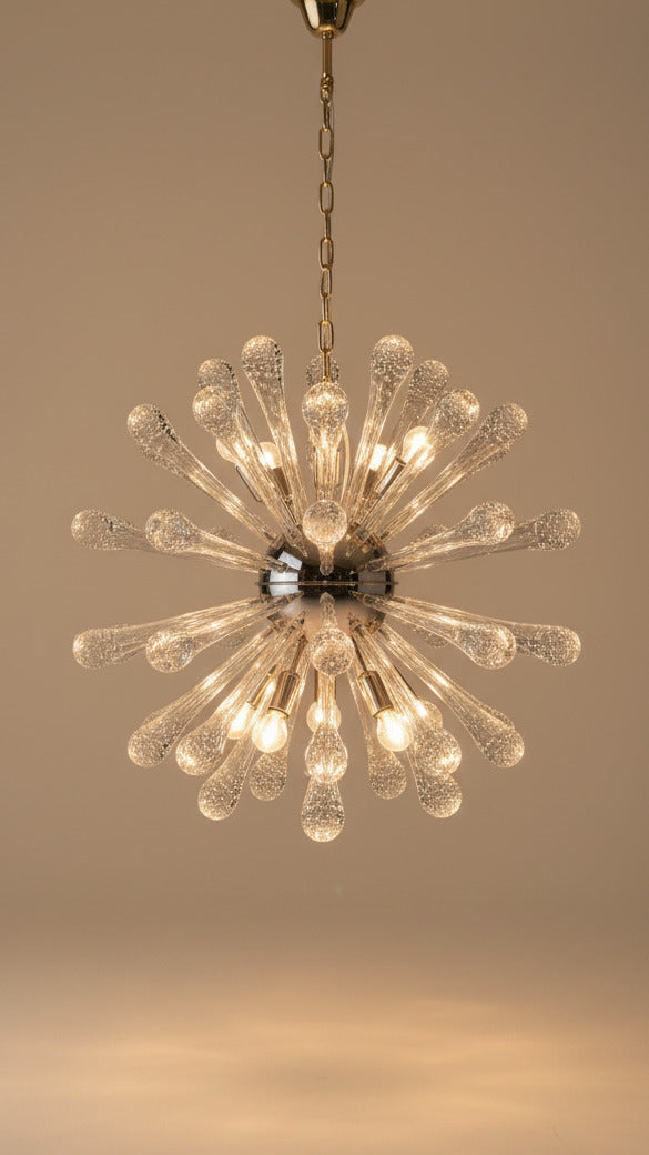 Lampadario Sputnik in Vetro di Murano, 50 Elementi Pulegoso, Struttura Dorata
