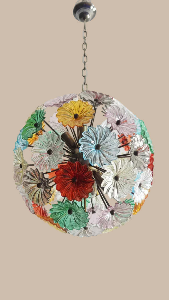 Lampadario Sputnik in Vetro Multicolore, 51 Elementi, Montatura in Ottone Brunito