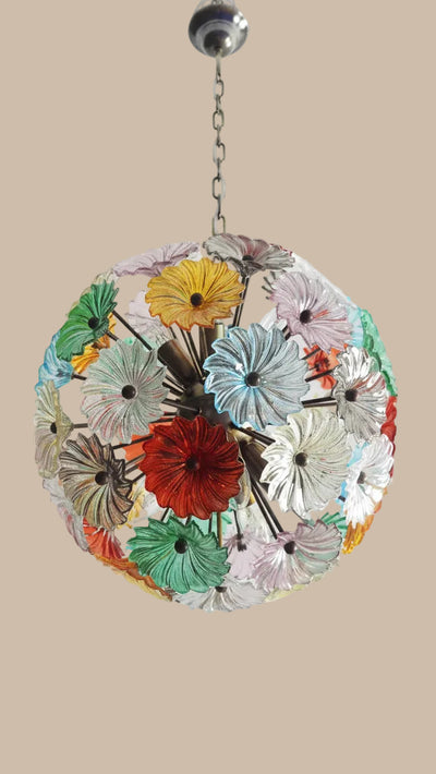 Lampadario Sputnik in Vetro Multicolore, 51 Elementi, Montatura in Ottone Brunito