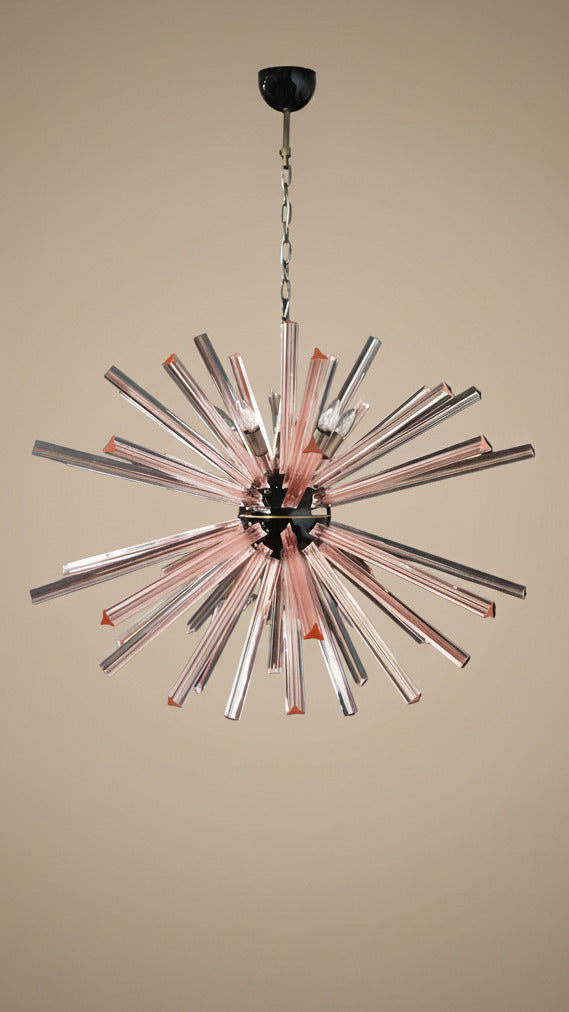 Lampadario Sputnik con cristalli rosa, 50 prismi Triedri