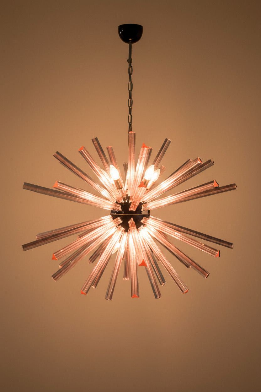 Lampadario Sputnik con cristalli rosa, 50 prismi Triedri