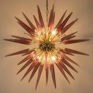 Lampadario a sospensione Sputnik in vetro di Murano soffiato a mano, 51 punte trasparenti e ametista, struttura in ottone