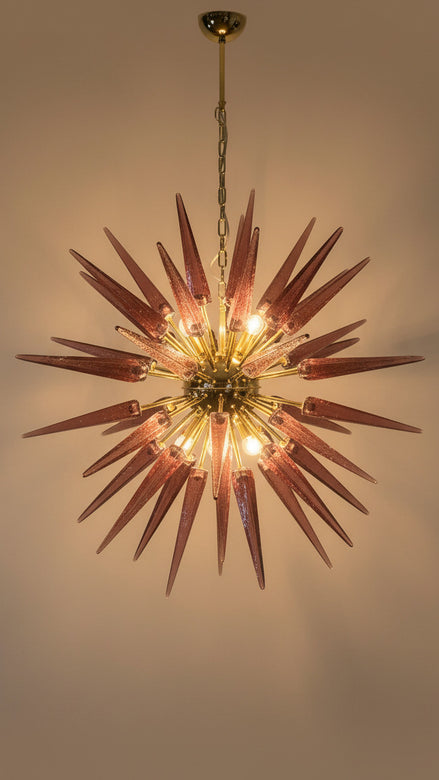 Hand-Blown Murano Glass Sputnik Chandelier, 51 Clear and Amethyst Tips, Brass Frame