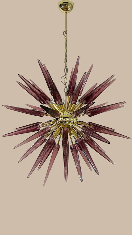 Hand-Blown Murano Glass Sputnik Chandelier, 51 Clear and Amethyst Tips, Brass Frame