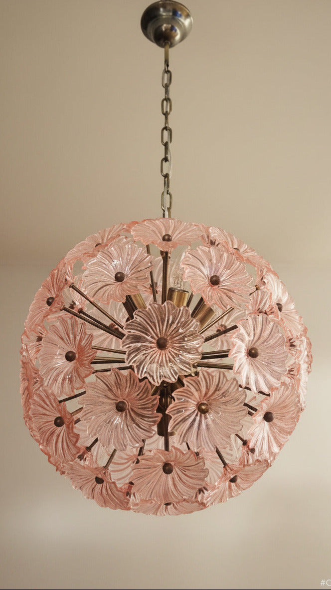 Lampadario Sputnik in Vetro Rosa, 51 Elementi, Montatura in Ottone Brunito