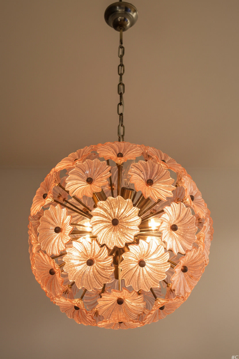 Lampadario Sputnik in Vetro Rosa, 51 Elementi, Montatura in Ottone Brunito