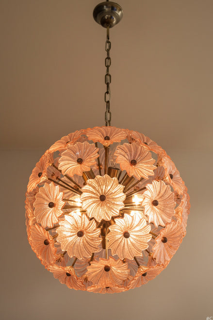 Pink Glass Sputnik Chandelier, 51 Elements, Burnished Brass Frame