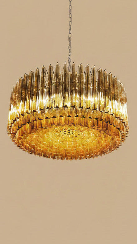 Murano glass chandelier with 391 amber triedri prisms | Mid-Century style