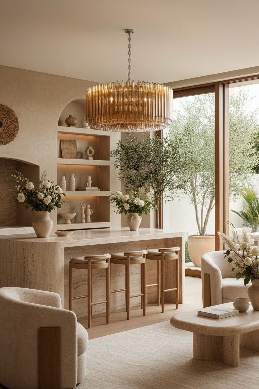 Lampadario in vetro di Murano con 391 prismi triedri ambra | Stile Mid-Century
