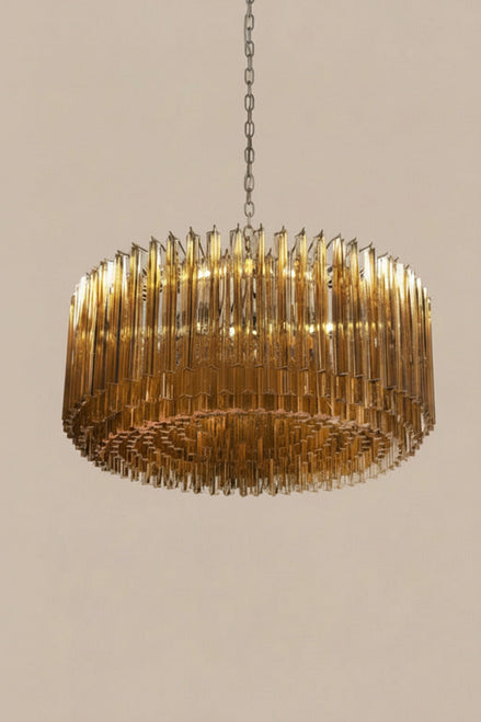 Murano glass chandelier with 391 amber triedri prisms | Mid-Century style