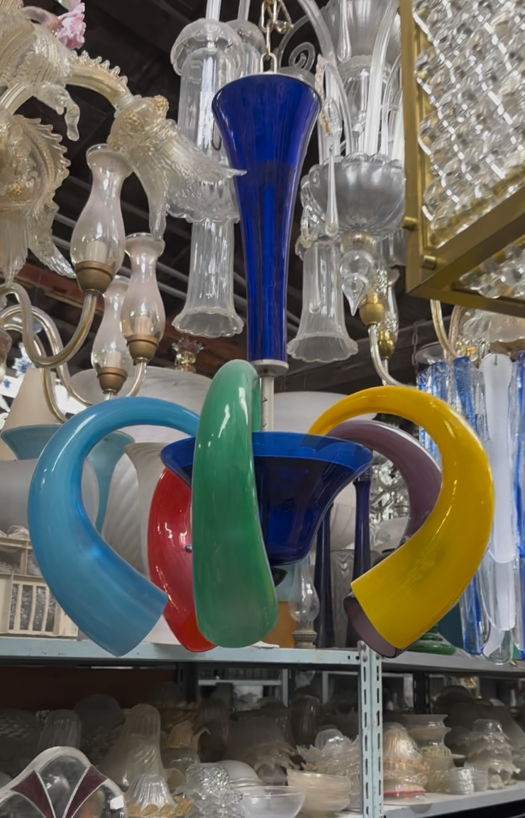 Vintage Multicolour Murano Glass Chandelier | 1970s, cobalt blue centre and curved horn arms