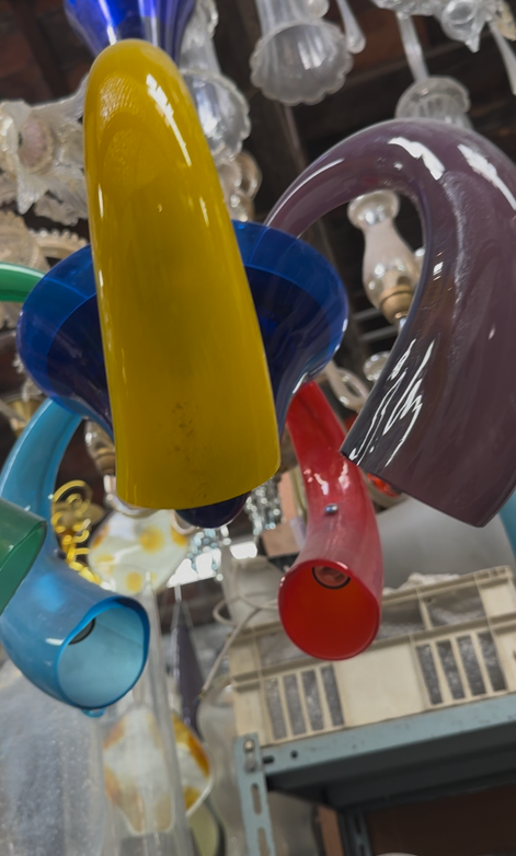 Vintage Multicolour Murano Glass Chandelier | 1970s, cobalt blue centre and curved horn arms